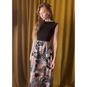 Vintage 1960s Velvet Bodice Maxi Dress with Psychedelic Pattern Skirt, Size Smal